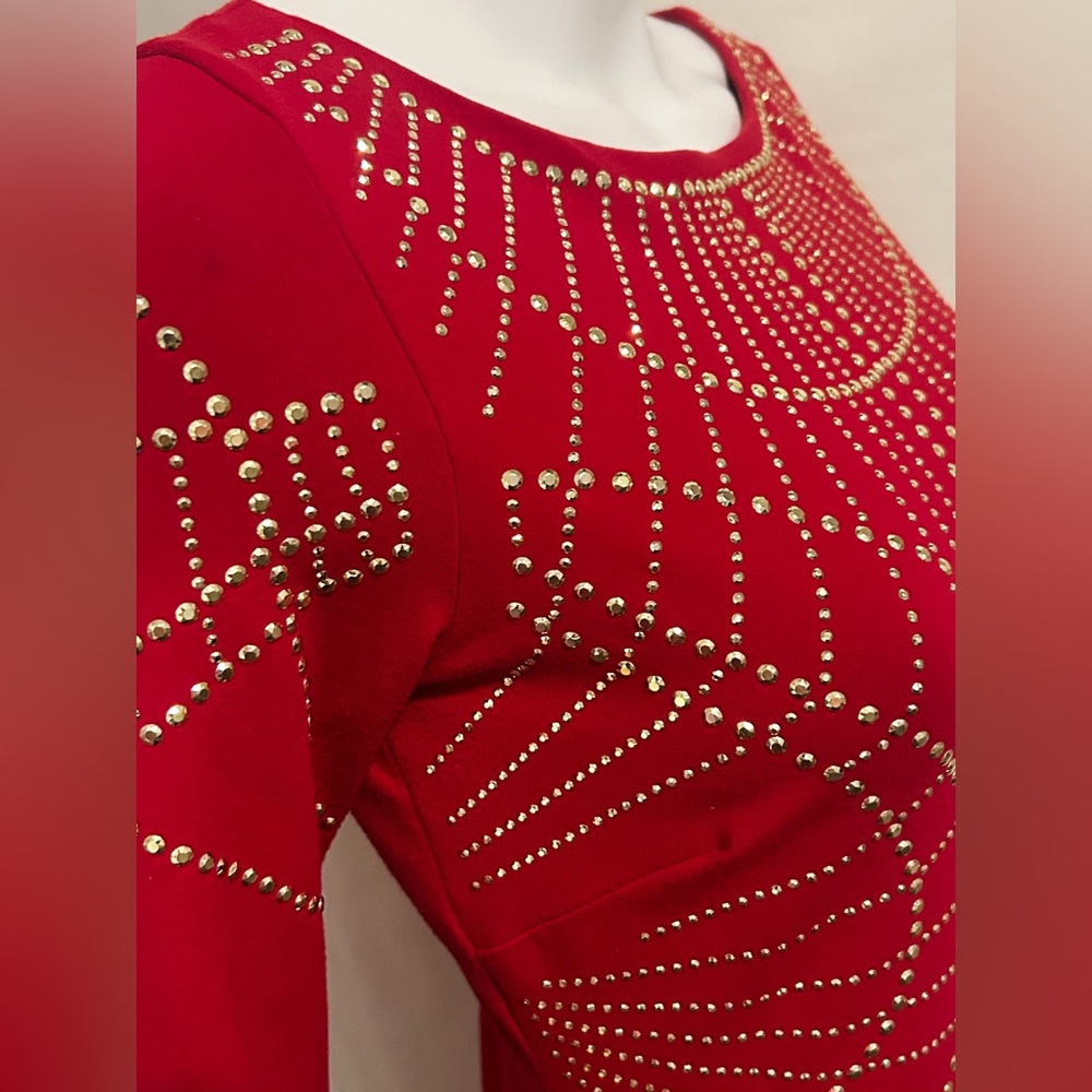 Bebe Red Embellished Dress Gold Studs Holiday Party Witchy Whimsigoth Steampunk - Picture 3 of 8